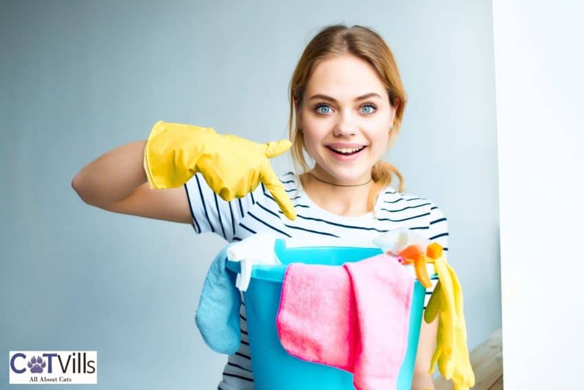 lady holding tools to show how to clean a cat tree